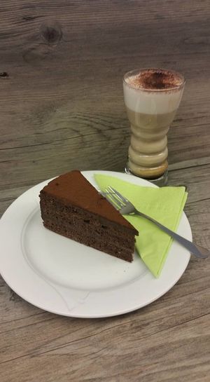 Trüfftorte (vegan)  mit Cappucino (vegan) at Time Out Eiscafe in Basel
