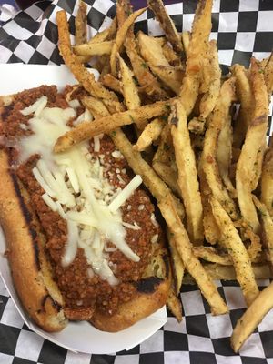 Chili Cheese Vegan Dawg and fries at PJ's Grill in Carson