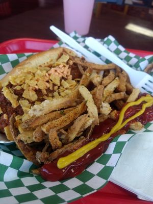 Dawg and fries at PJ's Grill in Carson