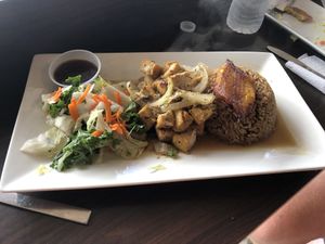 Jerk tofu with beans, rice, and plantains  at Yardie Spice in Homestead
