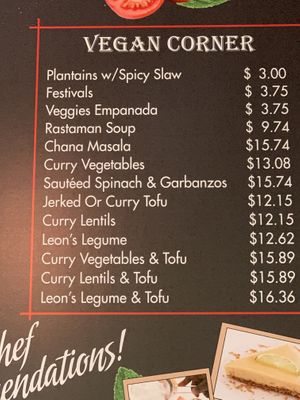 Vegan menu at Yardie Spice in Homestead
