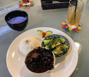 set menu. pork, veggies, rice and soup!  at Mori Tea House and Residence in Malacca