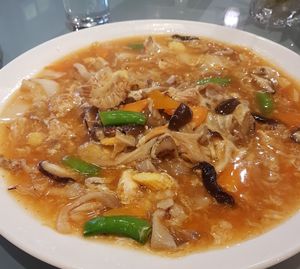 Tom Yum hor fun (has egg but you can for eggless version). My friend and I was surprised how good this was. Very tasty. at Mori Tea House and Residence in Malacca