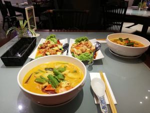 Curry noodle soups, jackfruit and black pepper tofu at Mori Tea House and Residence in Malacca