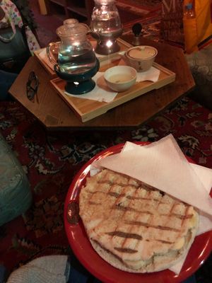 Teas, pita with cinnamon sugar and banana at Dobra Cajovna in Karlovy Vary