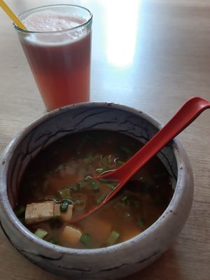 miso soup, fantastic 😊 exactly what I needed, and fresh grape juice at Marukoshi in Belgrade