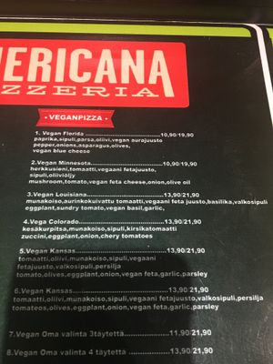 menu at Americana Pizzeria in Helsinki