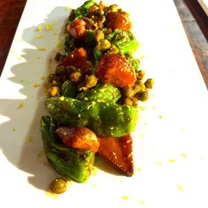 Padron peppers/ chickpeas, smoked strawberry at Fork & Love at Hotel Charlotte in Groveland