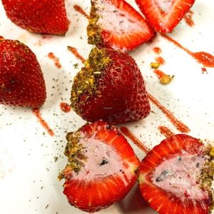 stuffed strawberries/ pistachio, mint, blueberry goat cheese at Fork & Love at Hotel Charlotte in Groveland