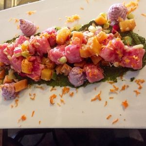 Potato Gnocchi/ pickled beets, carrot, blueberry lavender goat cheese, carrot green pesto at Fork & Love at Hotel Charlotte in Groveland