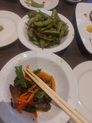 Spicy garlic edamame and what's left of a small ginger salad at Sushi 101 Bar & Grill in Tempe