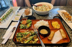 Mixed vegetables bento box, tofu ramen, sweet potato roll & garden fire roll at Sushi 101 Bar & Grill in Tempe