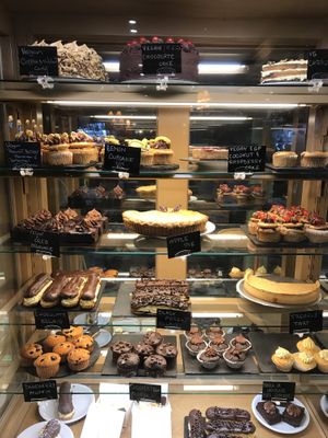 Two cabinets of amazing cakes including vegan and gluten free options at Ransoms Tearooms and Restaurant in Jersey