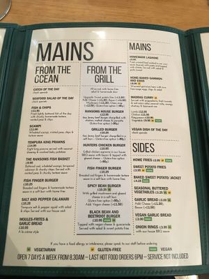 mains menu at Ransoms Tearooms and Restaurant in Jersey