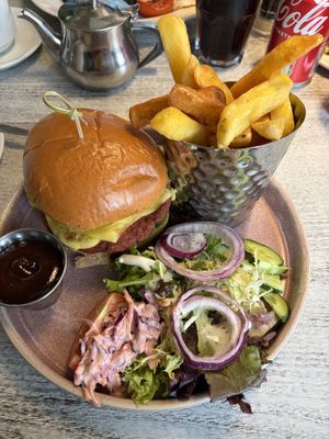 The ultimate vegan cheese burger! Chips cooked to perfection too  at Ransoms Tearooms and Restaurant in Jersey