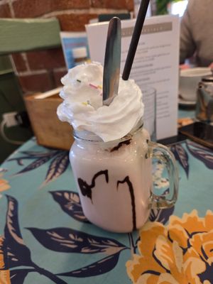 Vegan strawberry milkshake at Ransoms Tearooms and Restaurant in Jersey