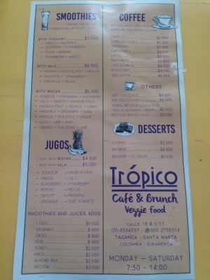 Menu  at Cafe Tropico in Taganga