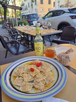 Chickpea and curry ravioli in garlic, oil, and chilli (Ravioli di ceci e curry in aglio, olio, e peperavcino) at In Pasta in Lucca