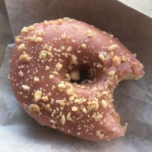strawberry and peanut (sorry - took a bite!)  at Dun-Well Doughnuts in New York City