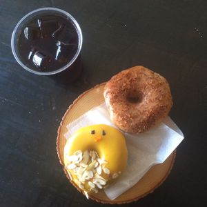 easter donuts and iced coffee!  at Dun-Well Doughnuts in New York City