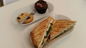 chocolate chip cookie, chocolate log cupcake and Jamican Jerky toasty  at Blanche Bakery in Cardiff