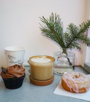 amazing coffee! vegan doughnuts and cupcakes  at Blanche Bakery in Cardiff