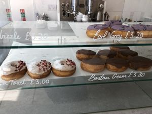 Selection of the doughnuts: Earl grey, French toast & Boston cream at Blanche Bakery in Cardiff