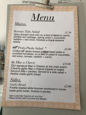 Copy of the food menu at Blanche Bakery in Cardiff