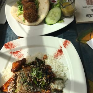 falafel and the long bean and tofu stir fry  at Gypsy Cafe in Lincoln