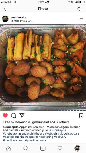 Vegan appetizers - pastels, mortician cigars, kubbeh at Sunrise Pita and Grill in Sunrise