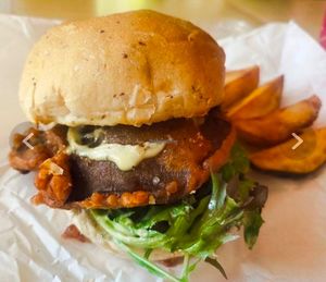 portobello mushroom burger with wedges at Real Food 真食 - South Beach in Central Singapore