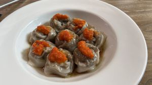Vegan dumplings with chili sauce   at Real Food 真食 - South Beach in Central Singapore