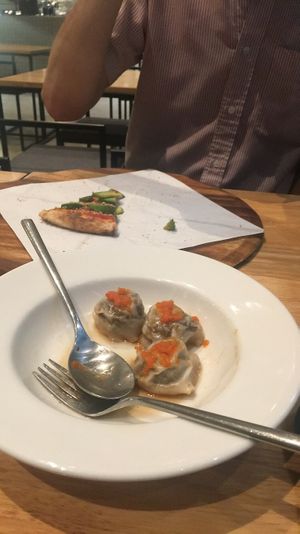 Dumplings and vegan pizza (back) — mostly eaten! at Real Food 真食 - South Beach in Central Singapore