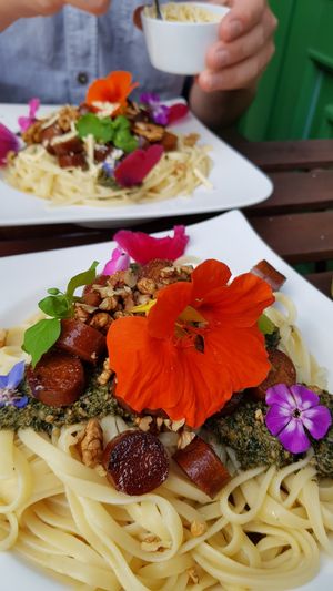 Nudeln mit eigenem Kräuterpesto aus dem Garten   at Elfengaststube in Viezen