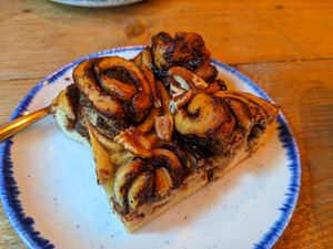 Chocolate hazelnut and pecan praline bun at Tofurei in Norwich