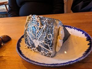 Vanilla cake with pretty lace decoration at Tofurei in Norwich