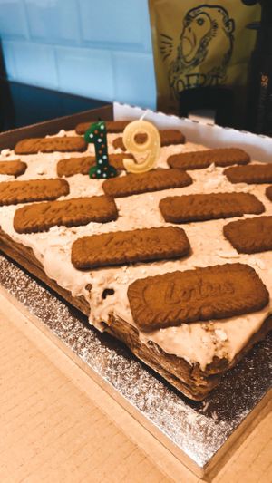 Their made-to-order tray bake! Biscoff and white chocolate with a vanilla sponge - the best vegan cake I’ve ever had!! at Tofurei in Norwich