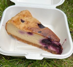Enjoying cheese cake in the park.  at Missy's Vegan Cupcakes in Edinburgh