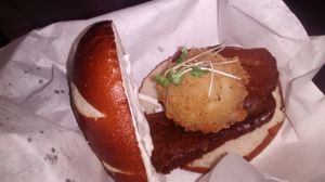 Bacon & Eg pretzel bun - Scottish Vegan Festival at Sgaia's Vegan Mheat in Paisley