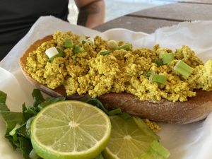Tofu scramble- had a curry flavor which was kind of weird  at Eduardo's Beach Shack in Palm Beach