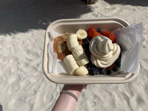 Banana pancakes topped with coco whip  at Eduardo's Beach Shack in Palm Beach