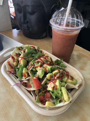 Vegan tacos with extra hot sauce:) at Eduardo's Beach Shack in Palm Beach