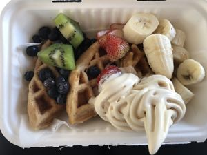 Vegan waffles with coconut whip at Eduardo's Beach Shack in Palm Beach