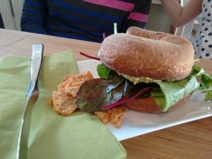 bagel with leaf, tomato, avocado & pesto at Simply Nood in Bridge Of Allan