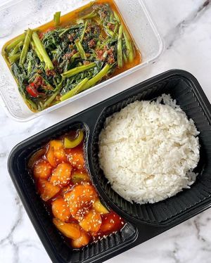 Sweet & sour pork with rice and sambal kangkong #Veganuary at SHU Vegetarian 蔬方斋 - Jln Kayu in Northeast Singapore