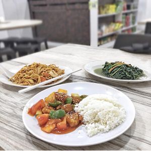 Sweet & sour ‘pork’, noodles and sweet potato leaves at SHU Vegetarian 蔬方斋 - Jln Kayu in Northeast Singapore