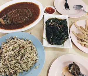 Olive fried rice, Sambal fish, Beancurd strips and stir fried sweet potato leaves at Green Lane Vegetarian Food in North Singapore