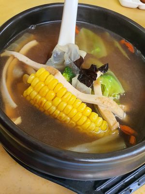 Mushroom clear soup at Green Lane Vegetarian Food in North Singapore