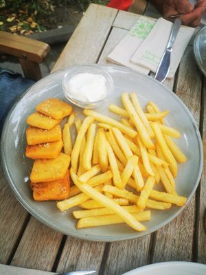 Vegchicken plate (of tofu) with fries at Kis Padlizsan in Debrecen