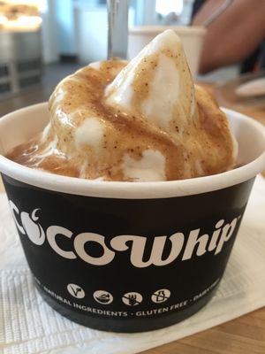 Coconut frozen soft-serve ice cream with caramel topping at Meraki Juice Kitchen  in West Palm Beach